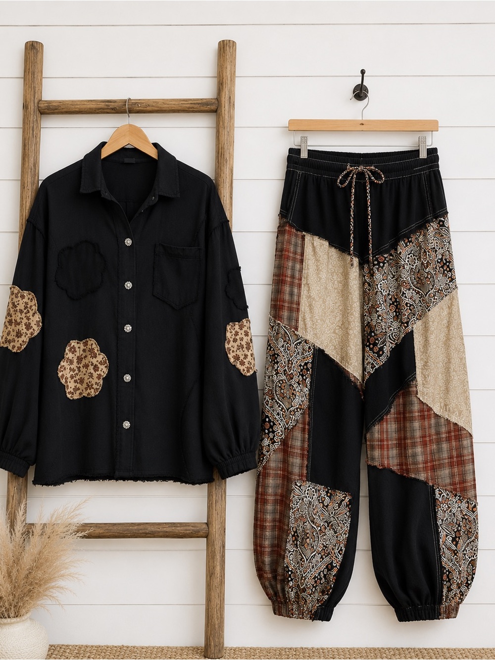 NEW POL SET : “The Bailey Set”Boho Patchwork Elastic Waist Pants Multi with Top.